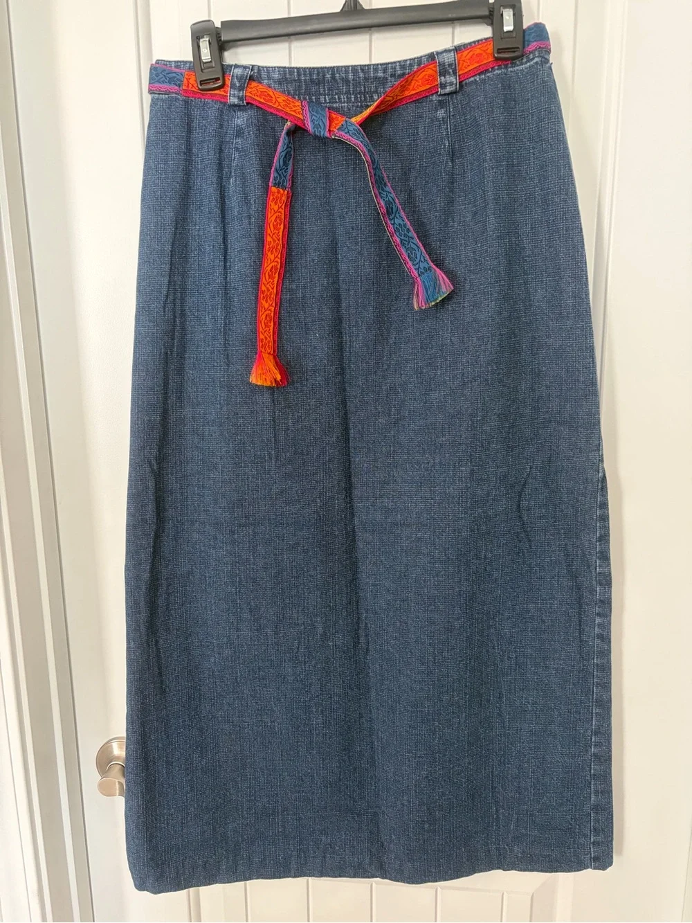 Susan Bristol Blue Denim Midi Skirt with Bright Woven Waist Tie